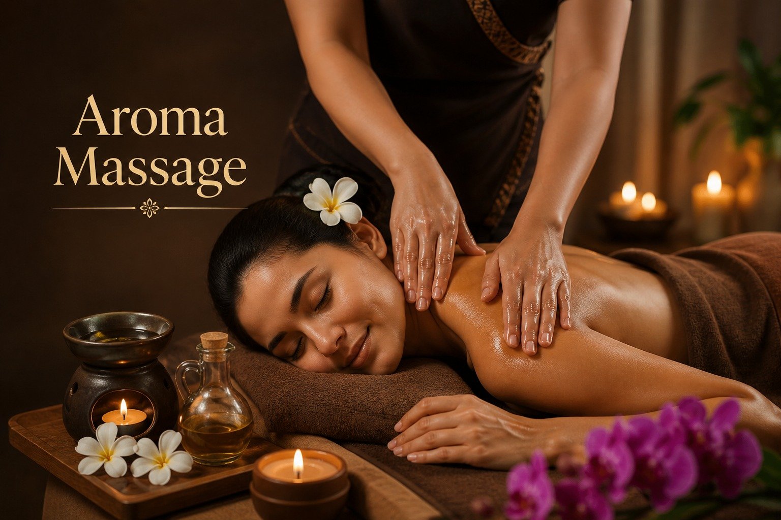 Aroma massage set-up with oils and towels