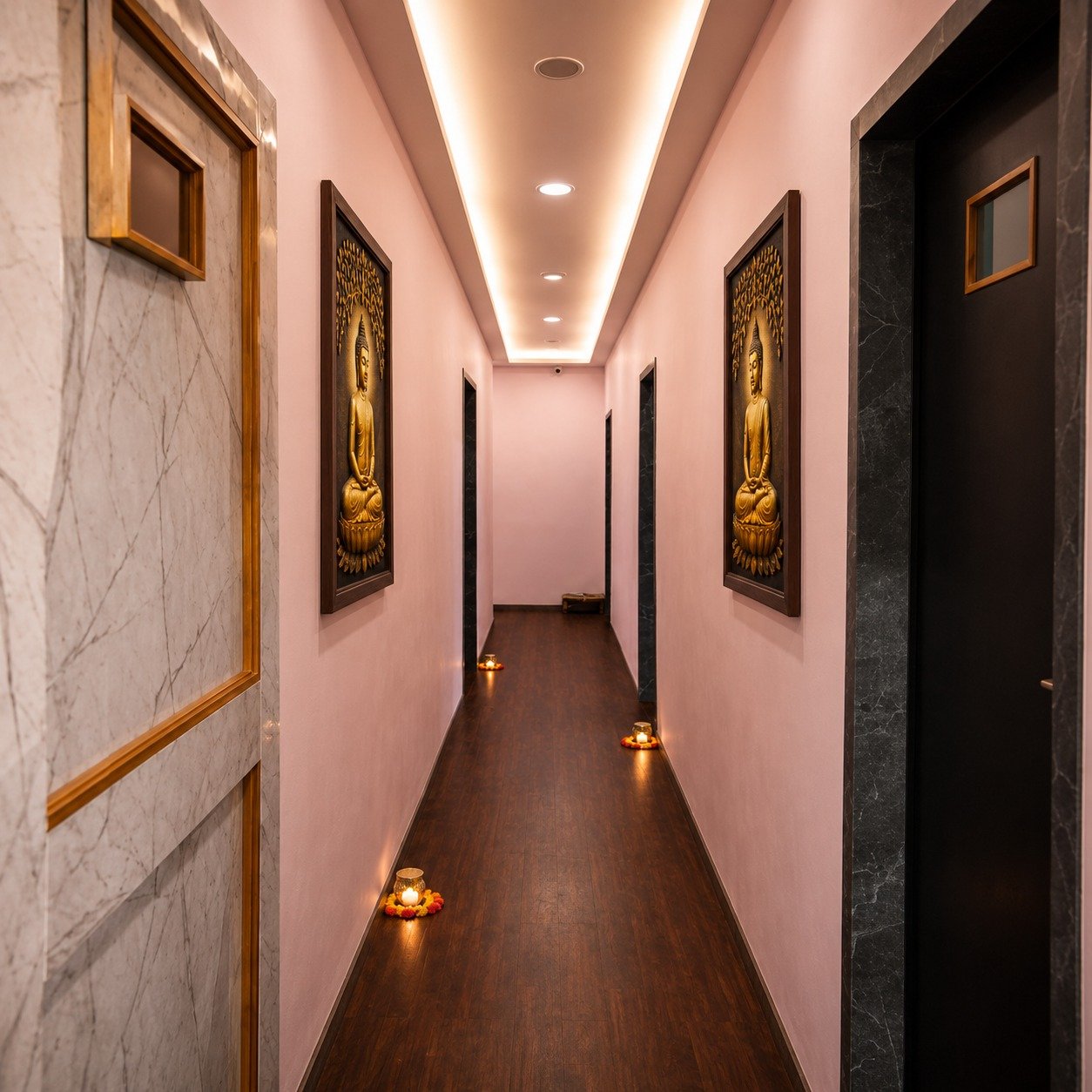Spa hallway with Buddha art